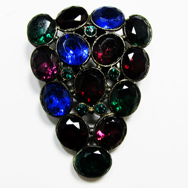 Vintage 1930s Art Deco Multicolored Rhinestone Silver Dress Clip - Front