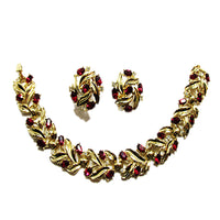 Crown Trifari Vintage 1950s Ruby Rhinestone Bracelet and Earrings - Set Frot - Thumbnail