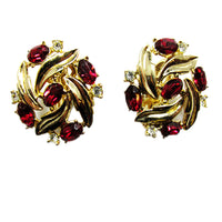 Crown Trifari Vintage 1950s Ruby Rhinestone Bracelet and Earrings - Front Earrings - Thumbnail