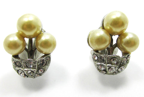 Unique Vintage 1950s Mid-Century Diamante and Pearl Earrings - Front