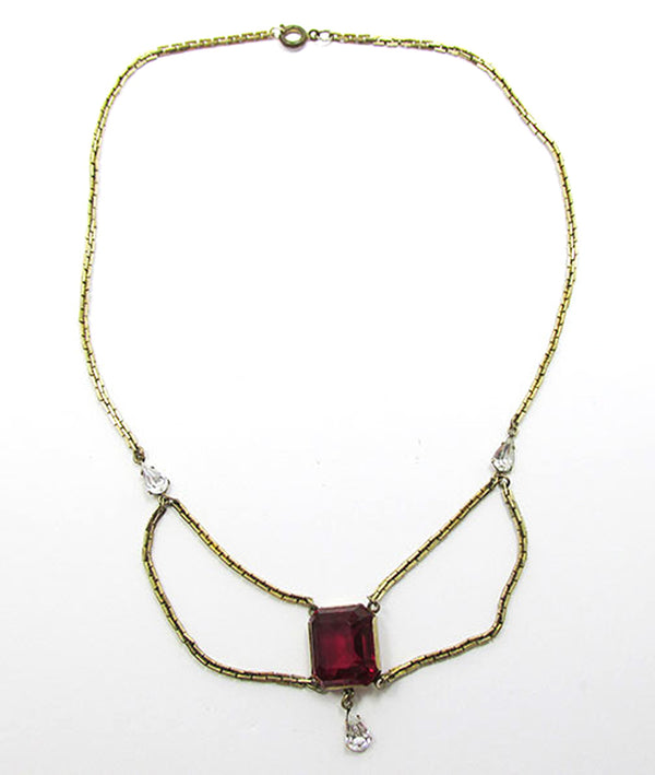 Vintage 1940s Ruby-Red and Clear Rhinestone Festoon Necklace - Front