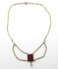 Vintage 1940s Ruby-Red and Clear Rhinestone Festoon Necklace - Front - Thumbnail