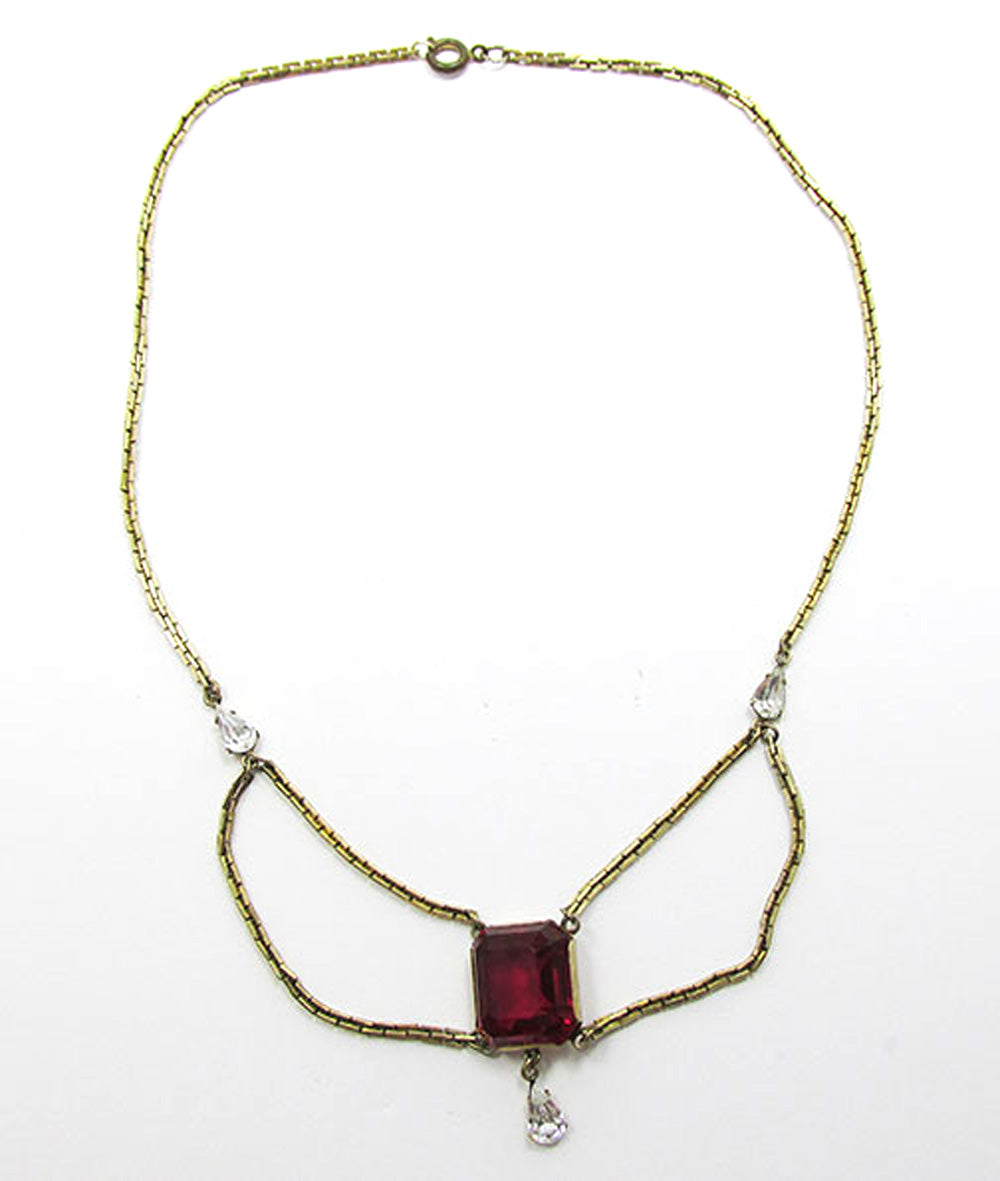 Vintage 1940s Ruby-Red and Clear Rhinestone Festoon Necklace - Front