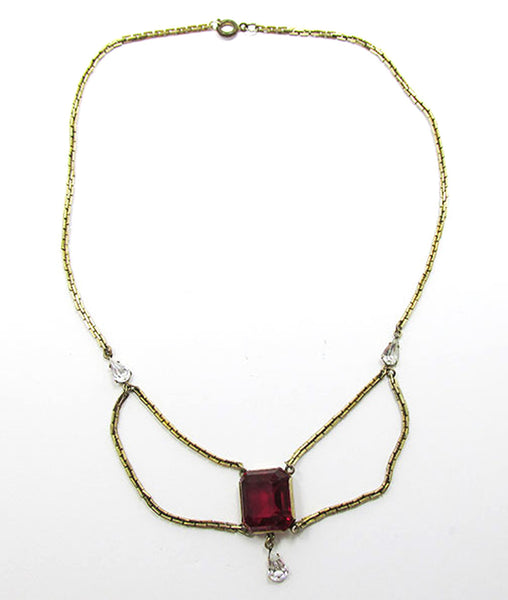 Vintage 1940s Ruby-Red and Clear Rhinestone Festoon Necklace - Front