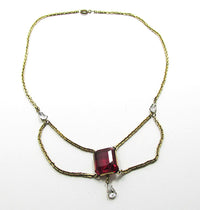 Vintage 1940s Ruby-Red and Clear Rhinestone Festoon Necklace - Front  - Thumbnail