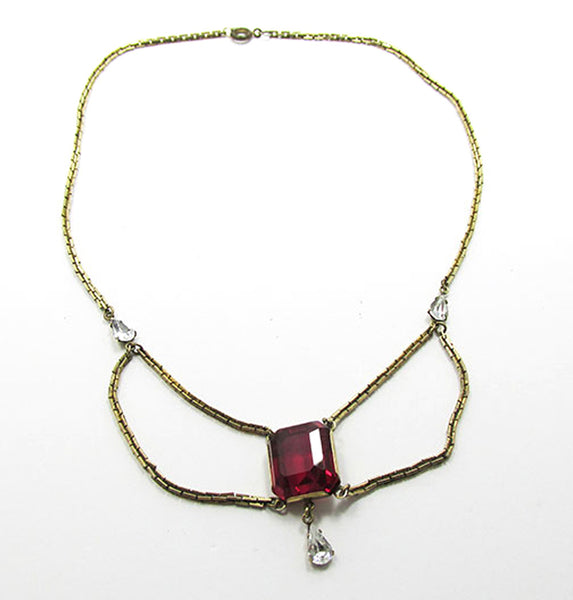 Vintage 1940s Ruby-Red and Clear Rhinestone Festoon Necklace - Front 