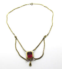 Vintage 1940s Ruby-Red and Clear Rhinestone Festoon Necklace - Back - Thumbnail