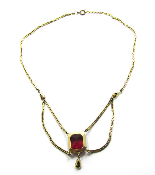 Vintage 1940s Ruby-Red and Clear Rhinestone Festoon Necklace - Back Close Up