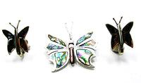 Vintage 1940s RLS Abalone and Sterling Butterfly Pin and Earrings - Set Front - Thumbnail