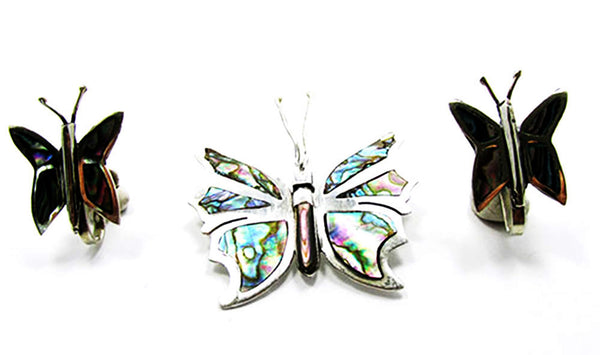 Vintage 1940s RLS Abalone and Sterling Butterfly Pin and Earrings - Set Front