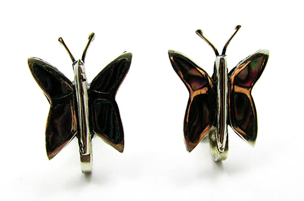 Vintage 1940s RLS Abalone and Sterling Butterfly Pin and Earrings - Earring Fronts