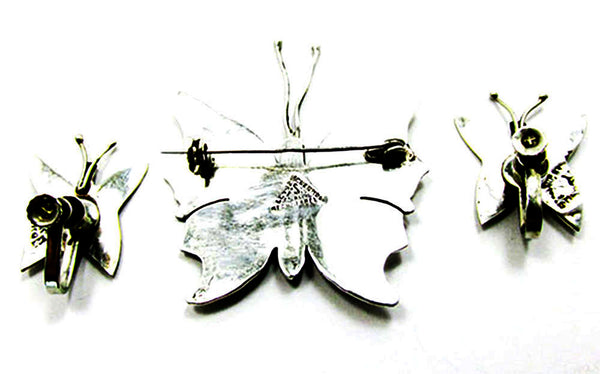 Vintage 1940s RLS Abalone and Sterling Butterfly Pin and Earrings - Set Back