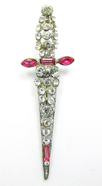Distinctive Vintage 1930s Clear and Pink  Rhinestone Sword Pin - Front