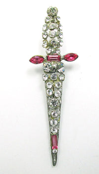 Distinctive Vintage 1930s Clear and Pink  Rhinestone Sword Pin - Close Up - Thumbnail