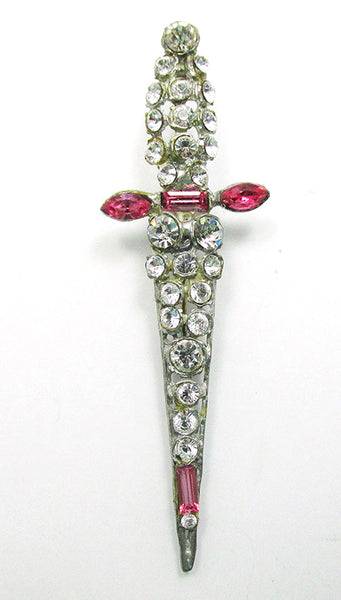 Distinctive Vintage 1930s Clear and Pink  Rhinestone Sword Pin - Close Up