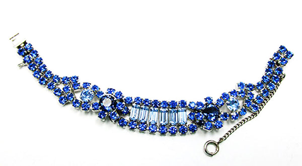 Opulent Vintage 1950s Mid-Century Blue Rhinestone Floral Bracelet - Front