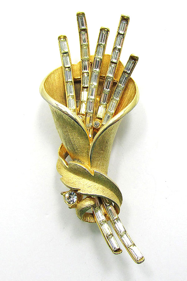 Trifari 1950s Vintage Mid Century Designer Rhinestone Clear Floral Pin - Front