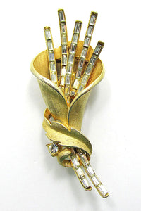 Trifari 1950s Vintage Mid Century Designer Rhinestone Clear Floral Pin - Front - Thumbnail