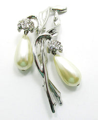Vintage 1950s Timeless Mid-Century Rhinestone and Pearl Floral Pin - Front - Thumbnail