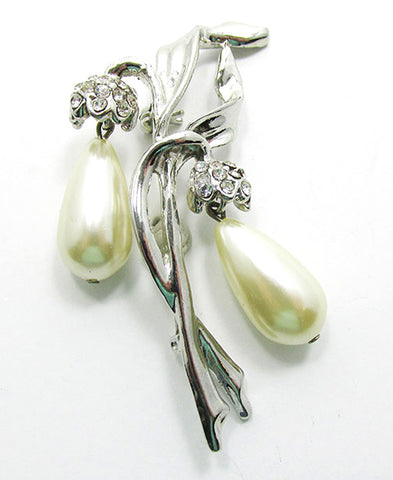Vintage 1950s Timeless Mid-Century Rhinestone and Pearl Floral Pin - Front