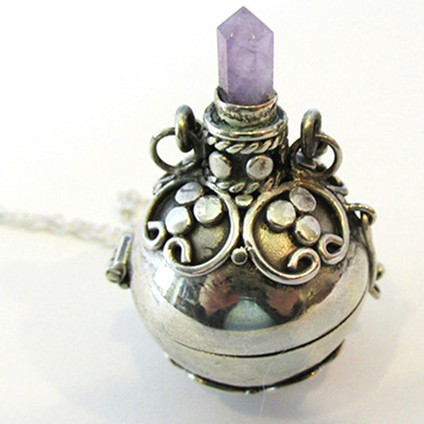 Unique 1990s Vintage Amethyst Silver Harmony Ball Locket Pendant - Close Up