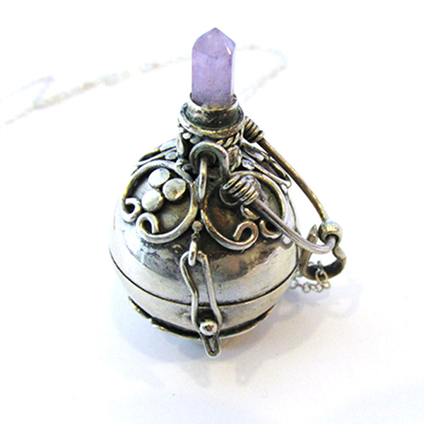 Unique 1990s Vintage Amethyst Silver Harmony Ball Locket Pendant - Front