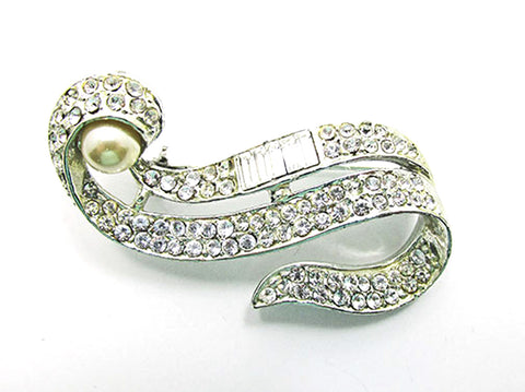 Vintage 1950s Mid-Century Pearl and Rhinestone Silver Tone Pin - Front