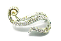 Vintage 1950s Mid-Century Pearl and Rhinestone Silver Tone Pin - Front - Thumbnail
