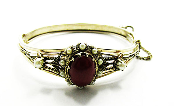 Edwardian-Style Vintage 1940s Carnelian and Pearl Cuff Bracelet - Front