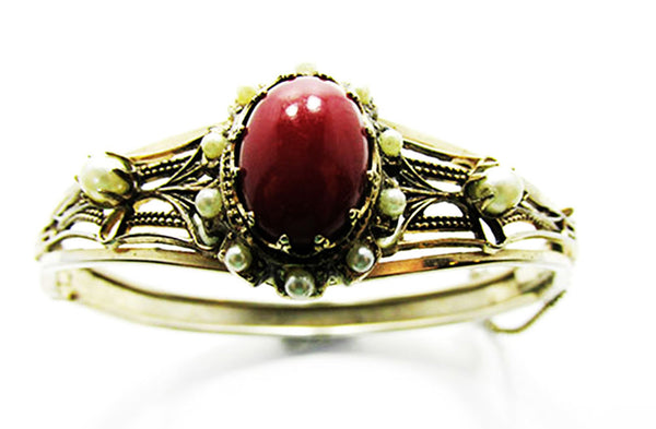 Edwardian-Style Vintage 1940s Carnelian and Pearl Cuff Bracelet - Front