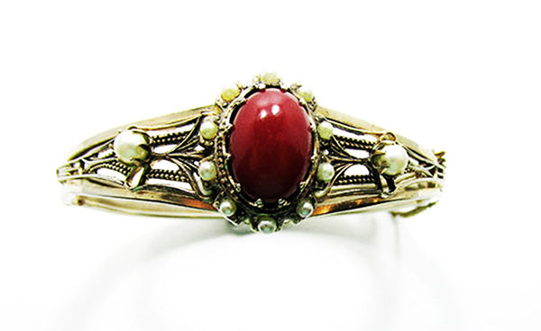 Edwardian-Style Vintage 1940s Carnelian and Pearl Cuff Bracelet - Front
