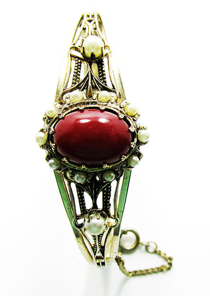 Edwardian-Style Vintage 1940s Carnelian and Pearl Cuff Bracelet - Front