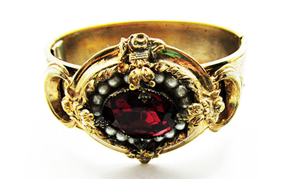 Antique Edwardian 1910s Ruby Rhinestone and Pearl Gold Cuff Bracelet - Front
