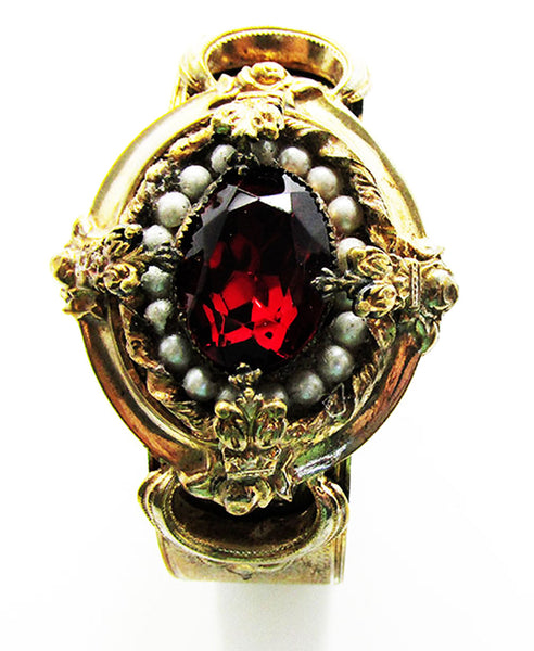 Antique Edwardian 1910s Ruby Rhinestone and Pearl Gold Cuff Bracelet - Centerpiece