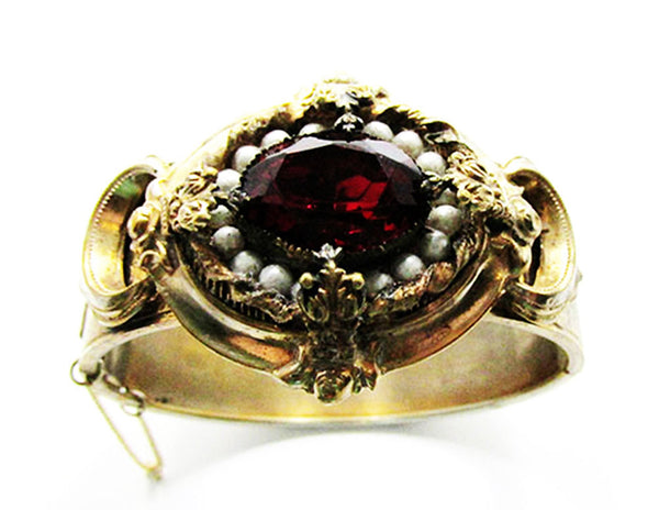 Antique Edwardian 1910s Ruby Rhinestone and Pearl Gold Cuff Bracelet - Front
