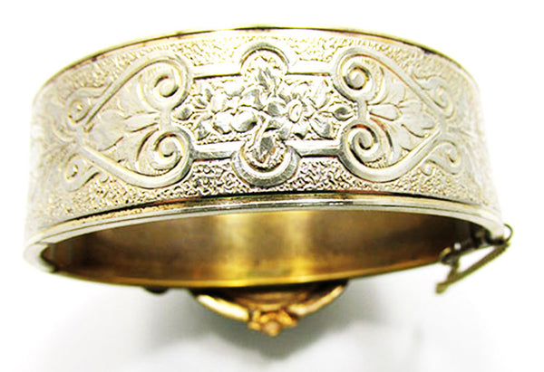 Antique Edwardian 1910s Ruby Rhinestone and Pearl Gold Cuff Bracelet - Band