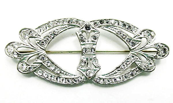 Flawless Vintage 1930s Art Deco Clear Rhinestone and Pot Metal Pin - Front