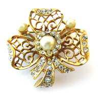 Vintage 1960s Lovely Mid-Century Diamante and Pearl Floral Pin - Front - Thumbnail
