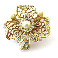 Vintage 1960s Lovely Mid-Century Diamante and Pearl Floral Pin - Front - Thumbnail