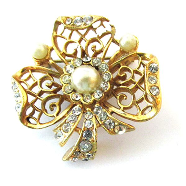 Vintage 1960s Lovely Mid-Century Diamante and Pearl Floral Pin - Front