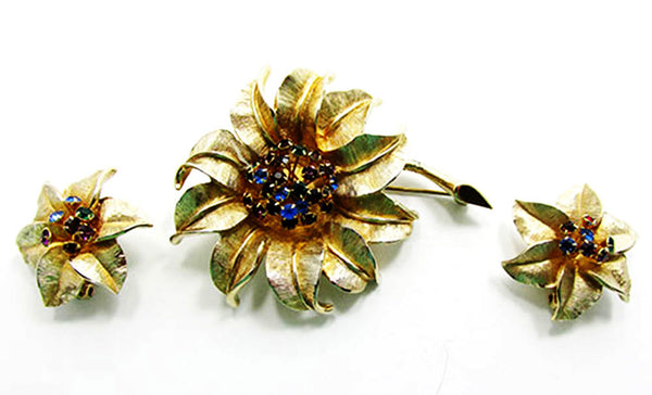 1950s Signed Judy Lee Vintage Rhinestone Floral Pin and Earrings - Front