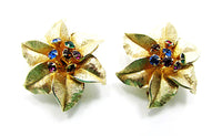 1950s Signed Judy Lee Vintage Rhinestone Floral Pin and Earrings - Earring Fronts - Thumbnail
