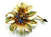 1950s Signed Judy Lee Vintage Rhinestone Floral Pin and Earrings - Pin Front - Thumbnail