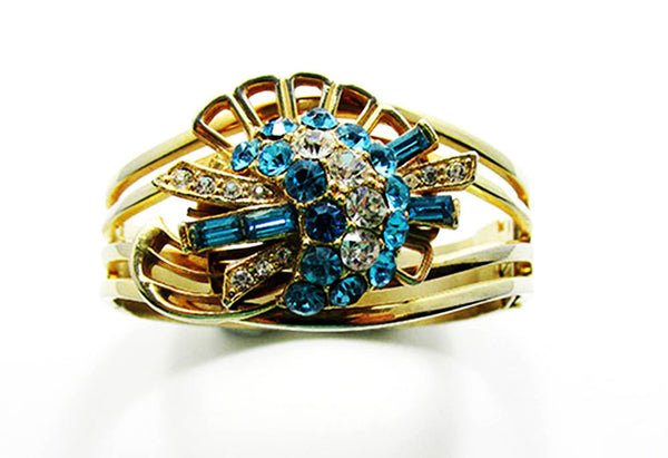Vintage 1950s Bold Mid-Century Aquamarine Rhinestone Cuff Bracelet - Front