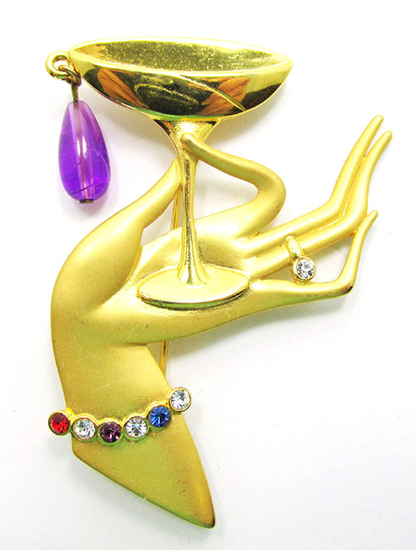 Signed JJ Vintage 1970 Contemporary Style Rhinestone Martini Glass Pin - Front
