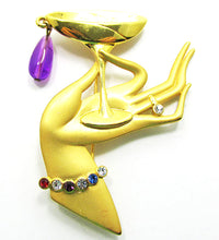 Signed JJ Vintage 1970 Contemporary Style Rhinestone Martini Glass Pin - Front - Thumbnail