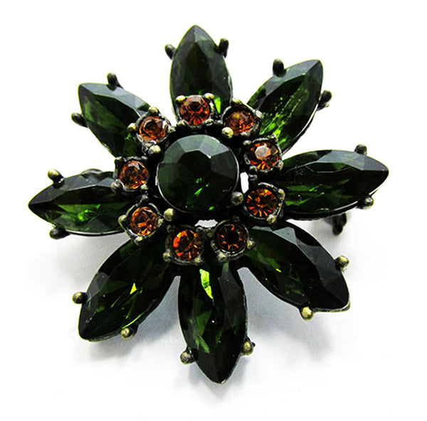 Vintage 1970s Contemporary Style Green and Topaz Rhinestone Floral Pin - Front