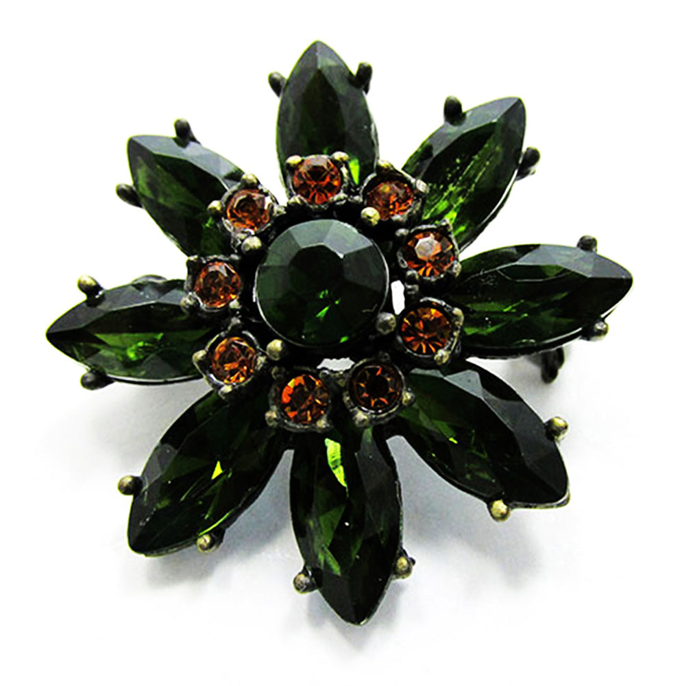 Vintage 1970s Contemporary Style Green and Topaz Rhinestone Floral Pin - Front