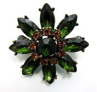 Vintage 1970s Contemporary Style Green and Topaz Rhinestone Floral Pin - Front - Thumbnail