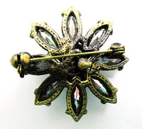 Vintage 1970s Contemporary Style Green and Topaz Rhinestone Floral Pin - Back - Thumbnail